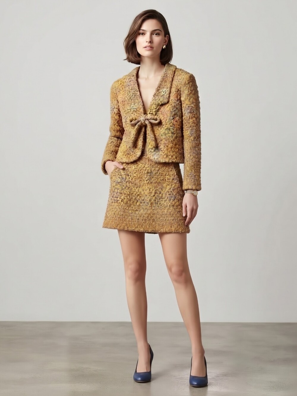 Vintage Multicolor Tweed Matching Skirt Set Jacket Bow Tie Career Chic